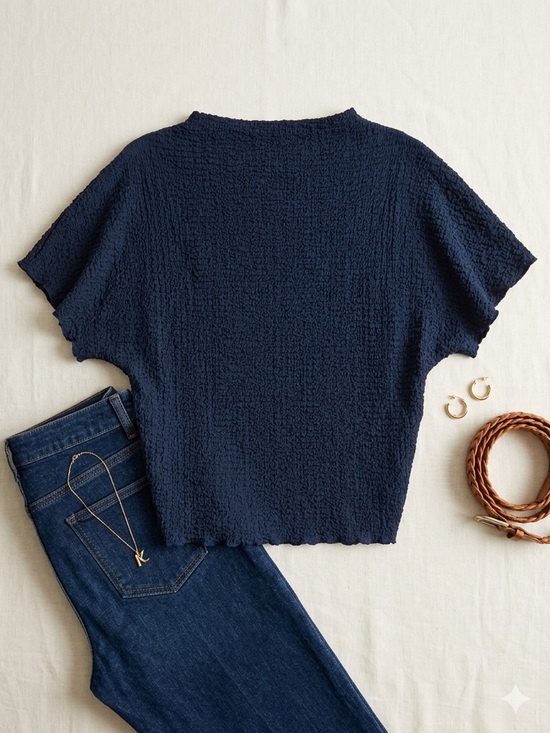 Zara Tops - Zara Navy Textured Short Sleeve Boxy Tee S